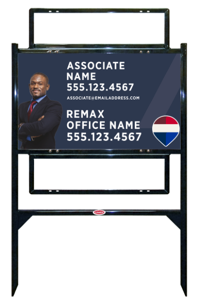 RE/MAX Reflective Angle Iron Frame and Associate Name w/ Cut Out Photo Sign Unit w/2 Rider Insert, 18"h x 30"w, Steel